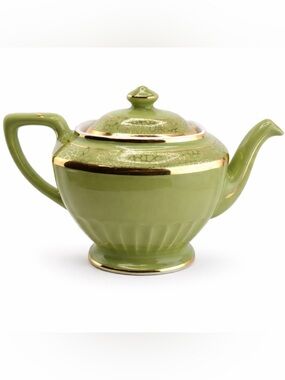 Vintage Hall New York Teapot 6-Cup Olive Green Gold Crackle Mid-Century